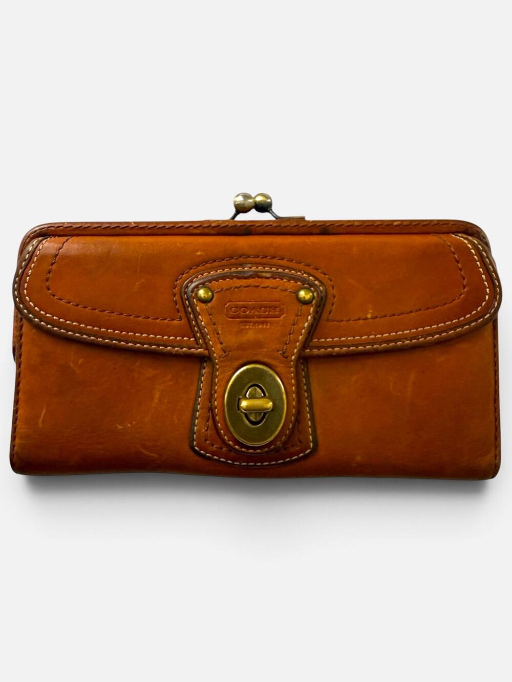 Vintage COACH Gigi Legacy Wallet Whiskey Brown Leather Turnlock Kisslock Frame